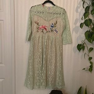 Retro lace mint embroidered fit flare dress size 6